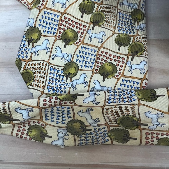 *2/$60* Salvatore Ferragamo Yellow Horse and Farm Silk Tie - Picture 8 of 12